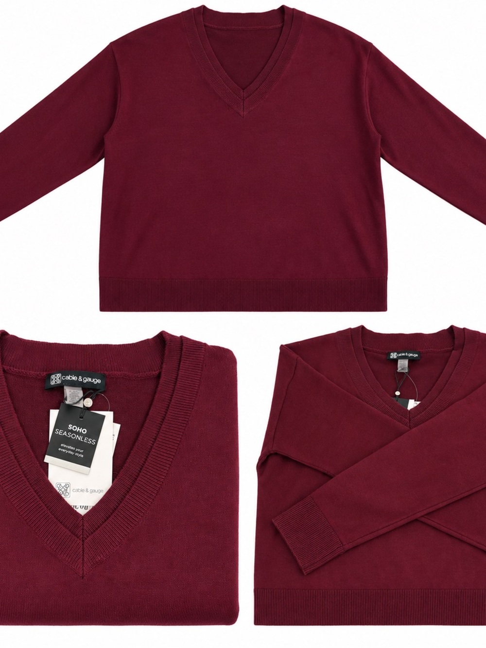 Cable & Gauge Burgundy women’s V-Neck Sweater XS Long Sleeve Knit Pullover NWT